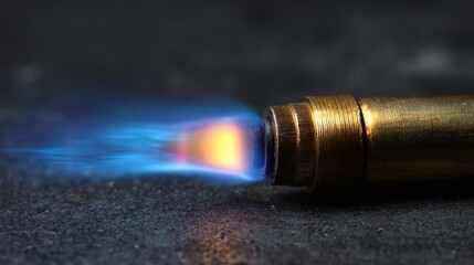 A torch nozzle emits a bright flame in a dark environment with vivid blue and orange hues contrasting against a gray surface. The flames intensity highlights the metallic texture.