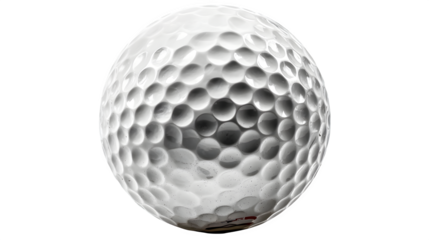 Golf ball on tee, dimple texture macro, sharp side light, isolated on white background
