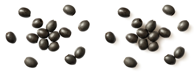 Pitted black olives isolated on white background, top view.