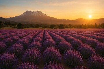 Breathtaking Lavender Field at Sunset with Majestic Mountain Backdrop