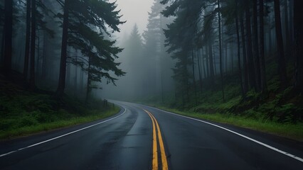 Curving asphalt road cutting through forest in dense fog, mysterious and dramatic lighting, 