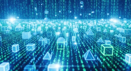 A digital landscape with binary code and geometric shapes.