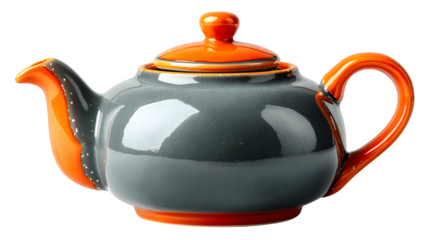 Gray teapot with orange accents, modern spout and handle, soft shadows, isolated on white background