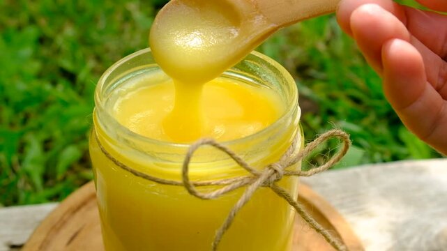 Ghee in a jar in a meadow. Selective focus.