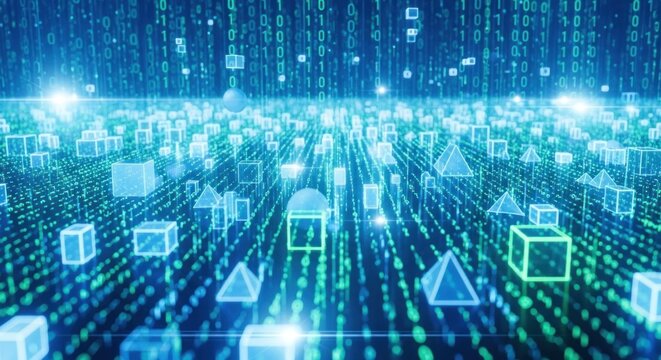 A digital landscape with binary code and geometric shapes.