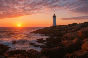 Majestic Ocean Sunset with Lighthouse Silhouette and Rocky Coastline