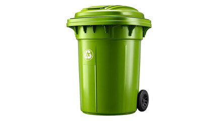 Green recycling bin 3D rendered, matte plastic finish with lid detail, isolated on white background