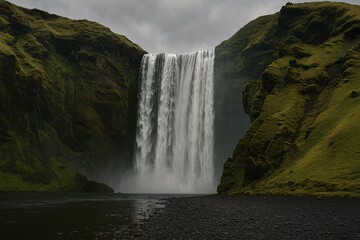 Majestic Waterfall Amidst Lush Green Cliffs Under Cloudy Sky in Serene Landscape