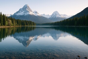 Serene Alpine Lake Reflection with Snow-Capped Mountains and Lush Forest