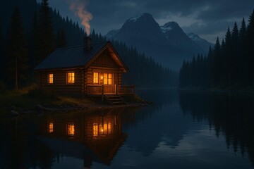 Serene Cabin by a Mountain Lake at Dusk with Glowing Windows and Forest Backdrop
