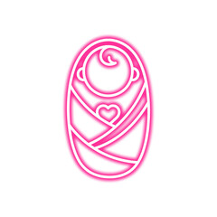 A pink neon illustration of a newborn baby swaddled in a blanket, featuring a heart symbol.