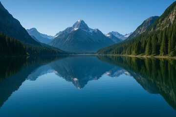 Serene Mountain Lake with Forest Reflections and Majestic Peaks