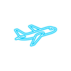A neon blue outline of an airplane in flight, isolated on a white background, representing travel and aviation.