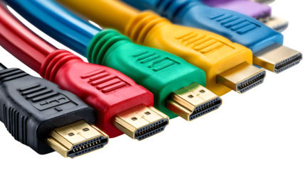 HDMI cables (variation), angled arrangement with shadow detail, isolated on white background