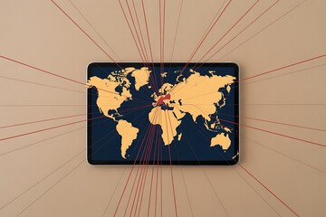 Global Connections Concept on a Tablet Displaying Europe with Red Lines Radiating Out