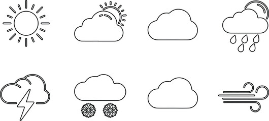 Simple Outline Weather Icon Set Collection for Forecast, Climate and Meteorology Design