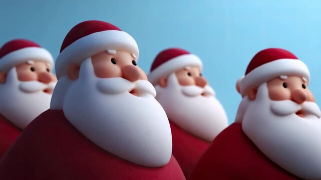 A row of stylized plush figures each featuring a red hat white trim flowing white beard and small dark eyes set against a soft blue