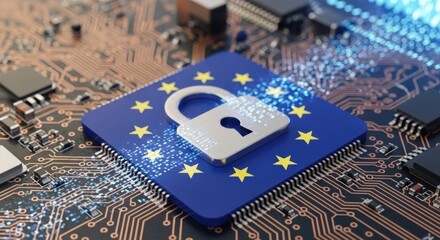 A European Union flag with a padlock symbol on a circuit board.