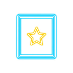 A glowing neon sign featuring a yellow star centered within a double-lined blue square frame, isolated on a white background.