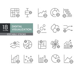 A set of vector icons representing digital data visualization methods enhanced by AI, created in line style with editable stroke