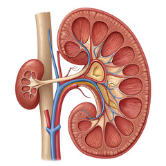 Detailed illustration of human kidney pair isolated on white background, showing anatomical structure for medical, educational,