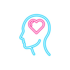 Neon illustration of a human head outline with a pink heart shape inside, representing love, thoughts, or emotions.