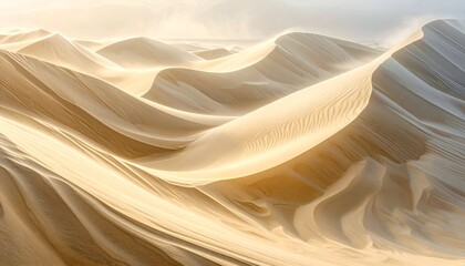 Majestic, swirling desert sand dunes, light and shadow play, aerial perspective, windblown texture