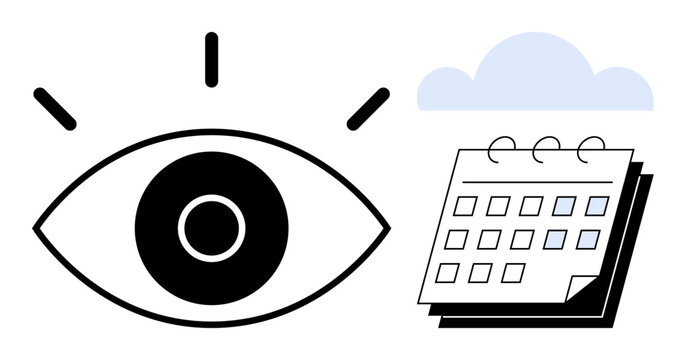 Eye with radiating lines beside a calendar icon under a cloud symbolizes awareness, foresight, scheduling, and planning. Ideal for productivity, organization, mindfulness, time management, future