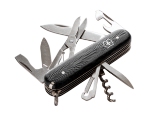 A multi-tool swiss army knife with a black wood handle and silver blades, against a white background