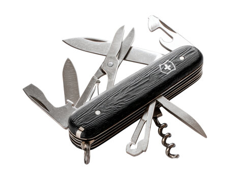 A multi-tool swiss army knife with a black wood handle and silver blades, against a white background