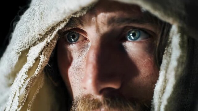 Close-up of a man's face with blue eyes, wrapped in a rough, frayed cloth.