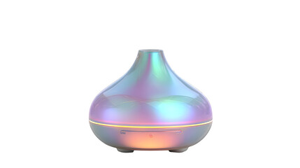 Iridescent essential oil diffuser, pearl sheen with mist plume, wellness vibe, isolated on white background