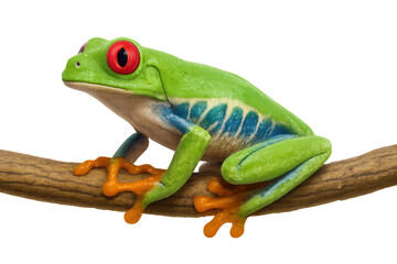 Naklejka premium Red eyed tree frog standing on branch, vibrant tropical amphibian with transparent alpha channel background