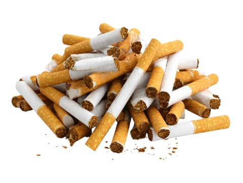 A pile of broken cigarettes isolated on a white background