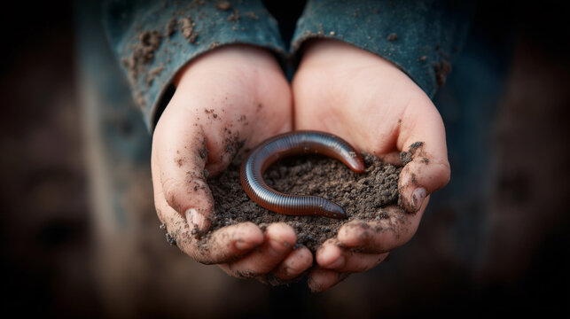 Child Holding Earthworm And Soil Against Natural Background