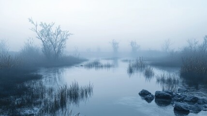 Misty marshland shrouded in pale dawn light with thick fog over calm water and distant silhouettes