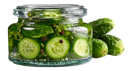 Jar of pickles second variation, whole cucumber detail with lid, clean studio light, isolated on white background