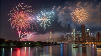 Aerial View of City Skyline with Fireworks Reflected in Water Celebrating Guy Fawkes Day in Long Exposure Style,Stunning Night Cityscape Illuminated by Fireworks over Water for Guy Fawkes Day