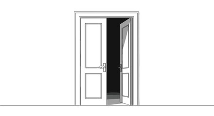 A single door stands partially open in a white wall, revealing a dark interior beyond, with light casting a shadow on the inside of the door.