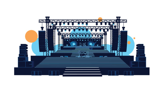 Modern concert stage setup with tiered platforms, sound systems, and lighting trusses, ready for a music festival performance.