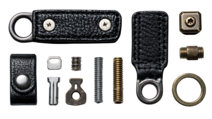 Leather and metal key fob components, hardware spread neatly, product lighting, isolated on white background