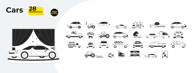 Different cars and vehicles outline illustrations mega bundle. Truck, agricultural tractor, ambulance. Accidents. Automotive shop 2D linear images isolated. Collection black and white vector drawings © IMGvisualsCharacters
