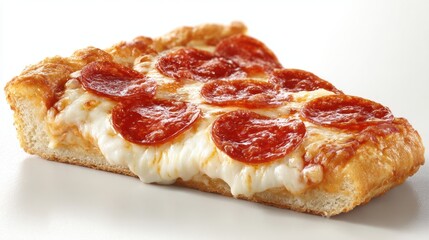 A slice of pepperoni pizza with melted cheese. The pizza is cut in half and is sitting on a white table