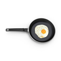 Fried egg cooking in black nonstick frying pan on transparent background