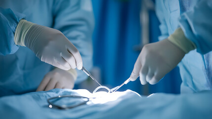 Operating room scene depicts surgeons carefully using tools, gloved hands and blue surgical drapes highlighting the sterile environment of a medical procedure.