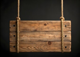 Rustic wooden sign hanging from rope with dark background perfect template