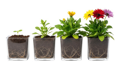 Four Square Planters Show Plant Growth Stages With Colorful Flowers Blooming in Natural Light