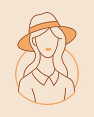 Illustration of a woman with a hat and wavy hair in a line art style on a beige background girl avatar