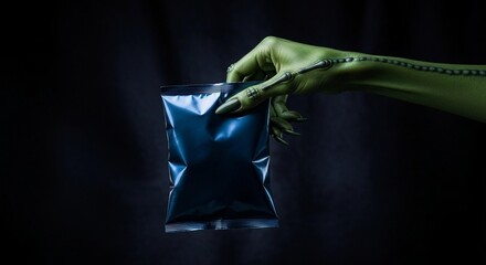 Mysterious green creature hand with black claws holding a blank blue metallic snack bag against a dark, shadowy background.