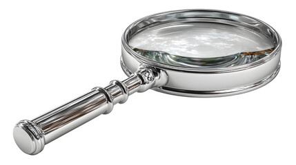 Magnifying glass 3D rendered, polished rim with clear lens, reflective lighting, isolated on white background
